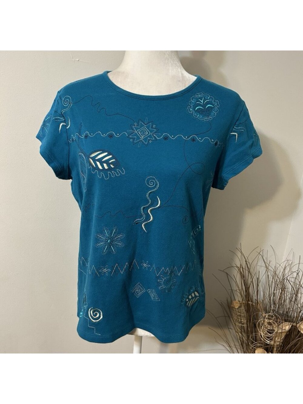 White Stag Women T-shirt Top Embroidery Floral Geometric Teal Green Cotton Sz L